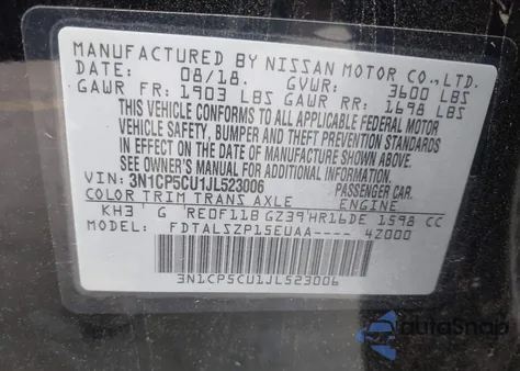 2018 Nissan Kicks Sv z USA, uszkodzony, nr VIN 3N1CP5CU1JL523006